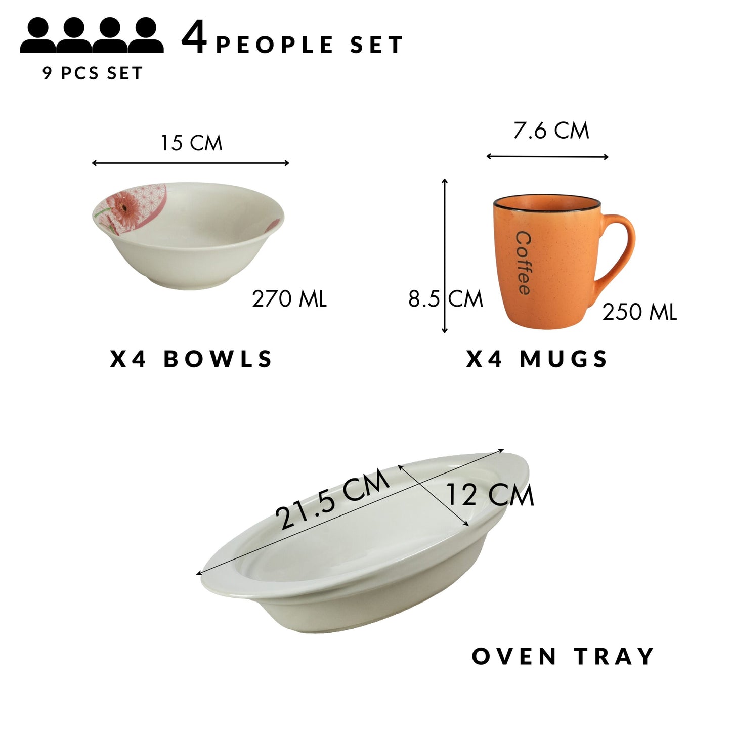 Table set, 4 people, 9 pieces, orange mug, bowl, heat-resistant tray, Porcelain decorated with Daisy