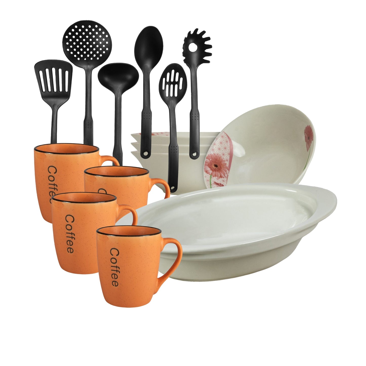 Table set, 4 people, 15 pieces, orange mug, bowl, heat-resistant tray, kitchen utensils, Porcelain decorated with Margaret