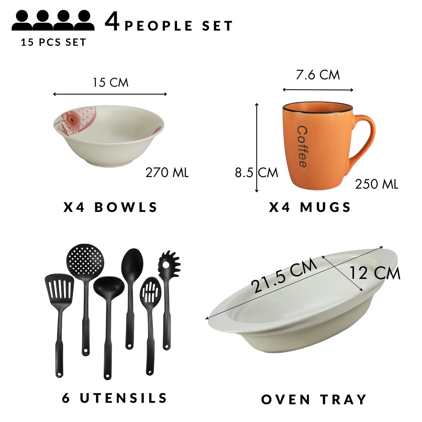 Table set, 4 people, 15 pieces, orange mug, bowl, heat-resistant tray, kitchen utensils, Porcelain decorated with Margaret