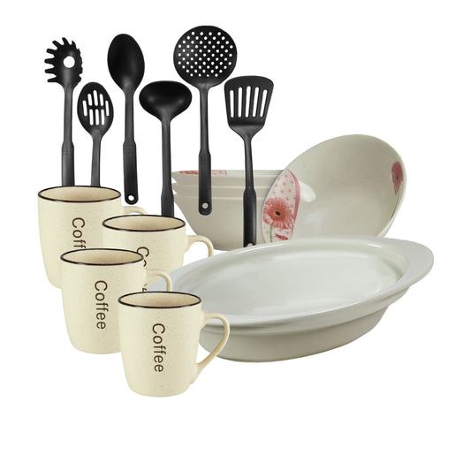 Servicio de mesa, 4 personas, 15 piezas, taza de crema, bol, bandeja resistente al calor, utensilios de cocina, Porcelana decorada con Margaret