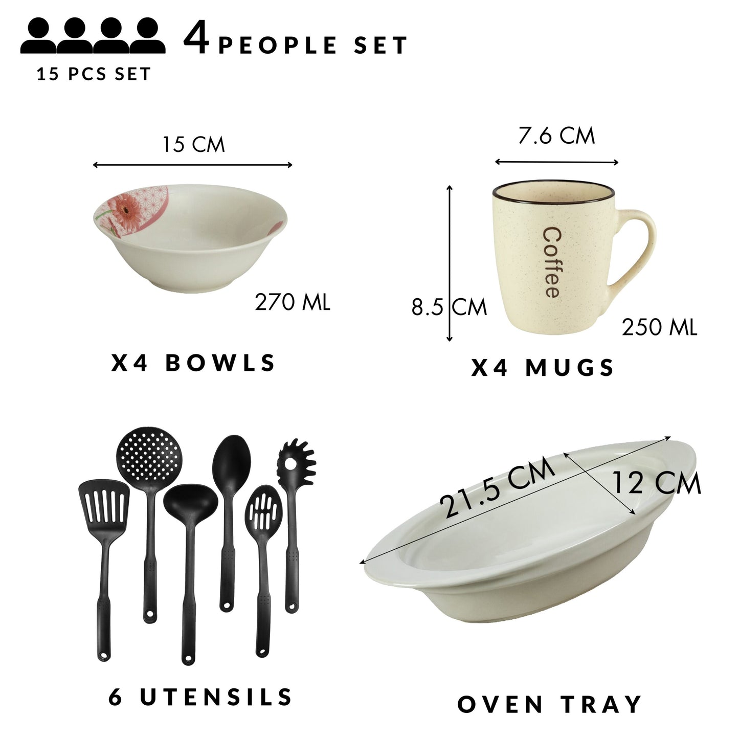 Table service, 4 people, 15 pieces, cream cup, bowl, heat-resistant tray, kitchen utensils, Porcelain decorated with Margaret