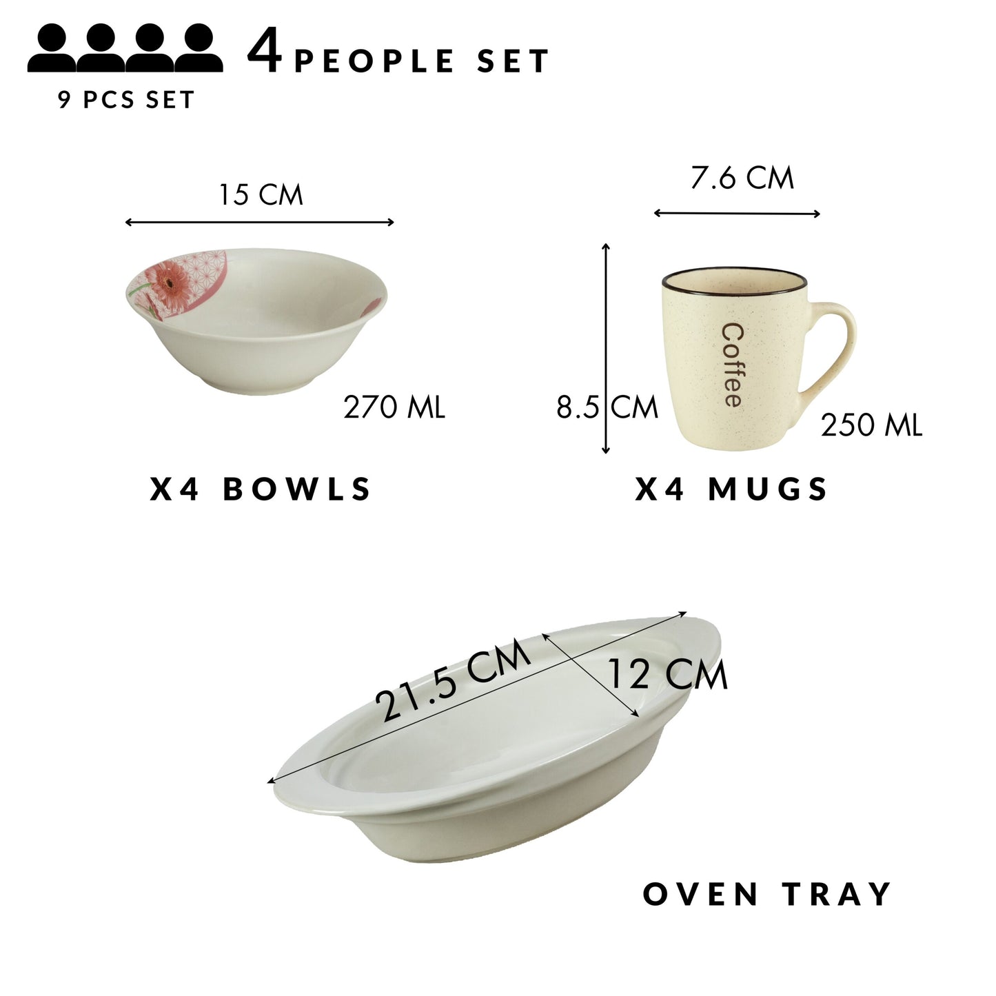 Table service, 4 people, 9 pieces, cream cup, bowl, heat-resistant tray, Cesiro, Porcelain decorated with Margaret