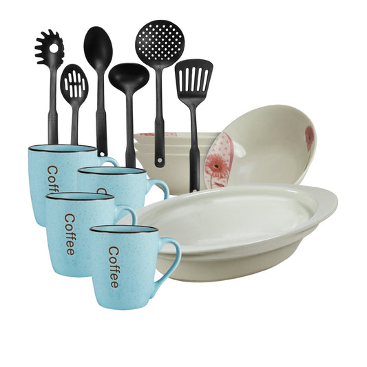 Table service, 4 people, 15 pieces, blue mug, bowl, heat-resistant tray, kitchen utensils, Porcelain decorated with daisy