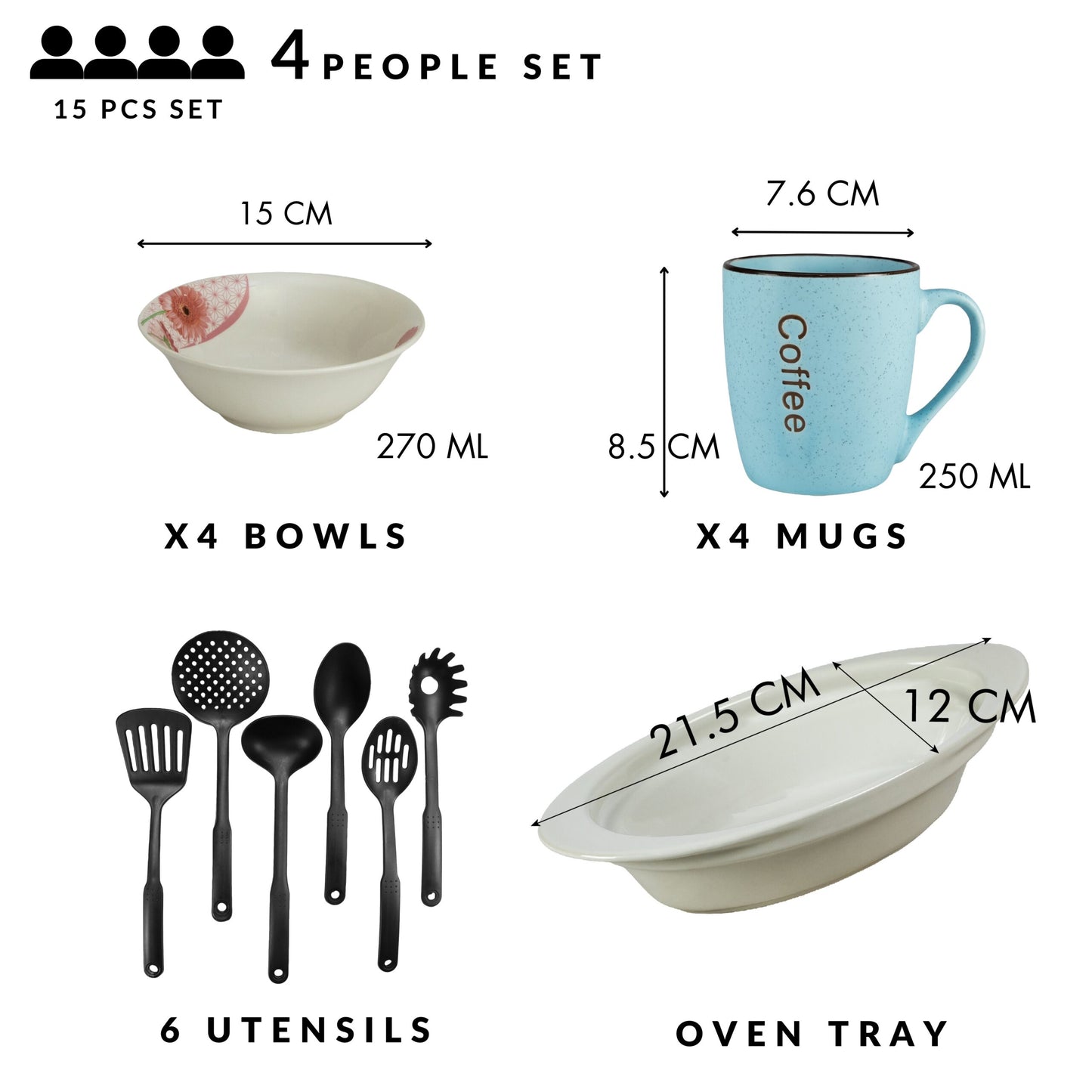 Table service, 4 people, 15 pieces, blue mug, bowl, heat-resistant tray, kitchen utensils, Porcelain decorated with daisy