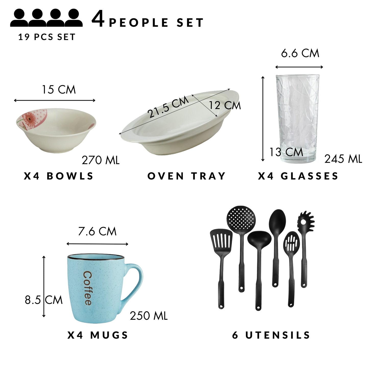 Servicio de mesa, 4 personas, 19 piezas, taza azul, bol, bandeja termo, utensilios de cocina, vasos de cristal, porcelana decorada con Margaret