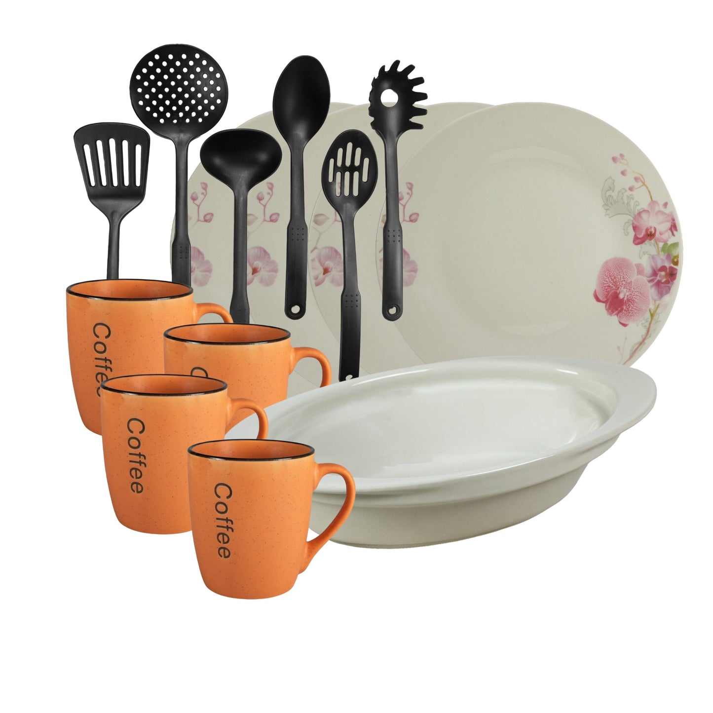 Table set, 4 people, 15 pieces, orange mug, extended plate, heat-resistant tray, kitchen utensils, Porcelain decorated with Orchids