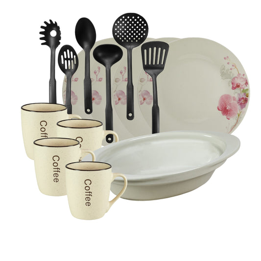 Servicio de mesa, 4 personas, 15 piezas, taza para crema, plato extendido, bandeja resistente al calor, utensilios de cocina, Porcelana decorada con Orquídeas