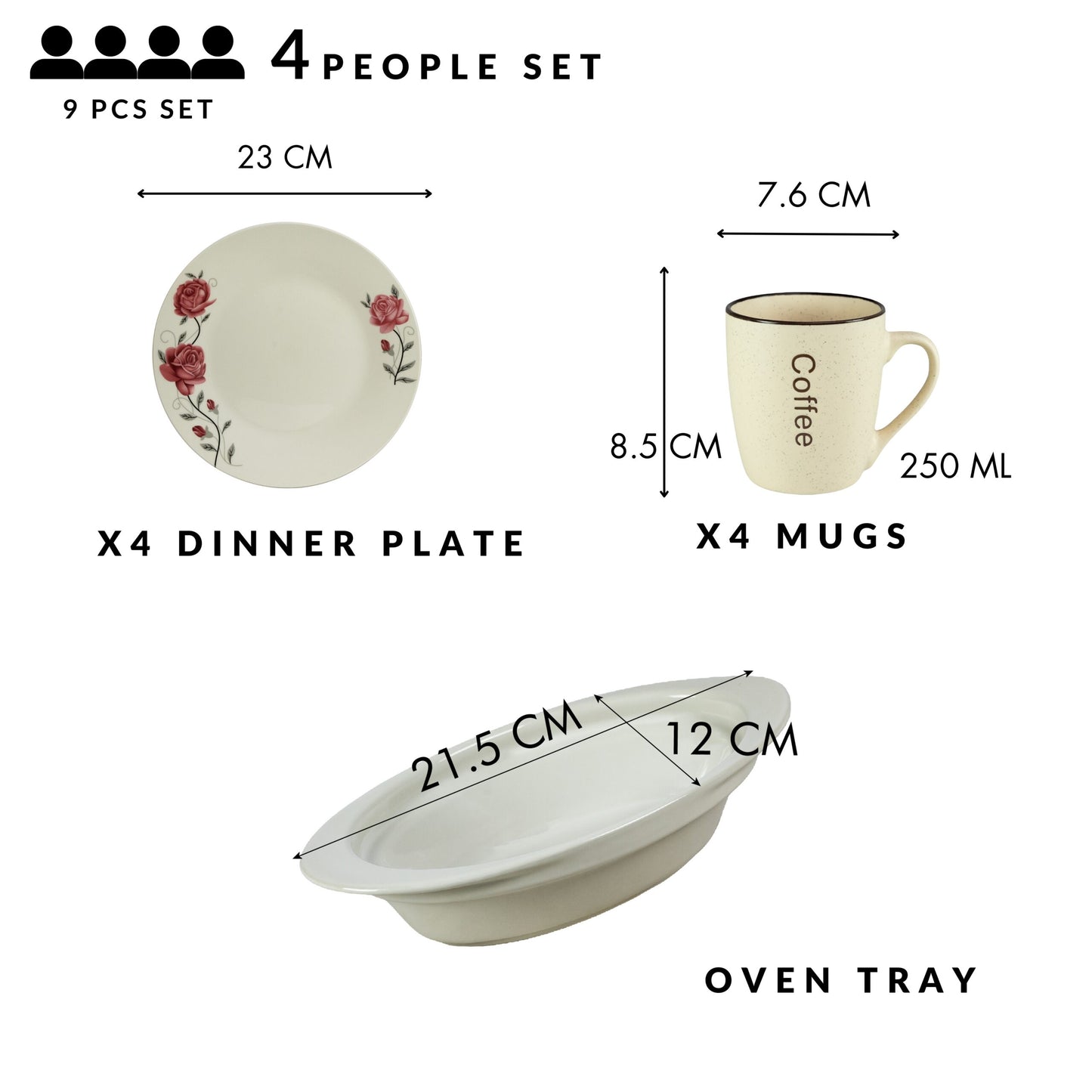 Servicio de mesa, 4 personas, 9 piezas, taza para crema, plato extendido, bandeja resistente al calor, Porcelana decorada con rosas rosas