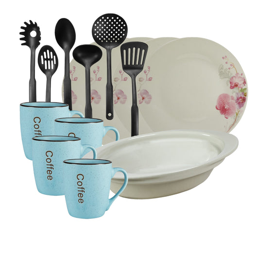 Servicio de mesa, 4 personas, 15 piezas, taza azul, plato extendido, bandeja resistente al calor, utensilios de cocina, Porcelana decorada con orquídeas