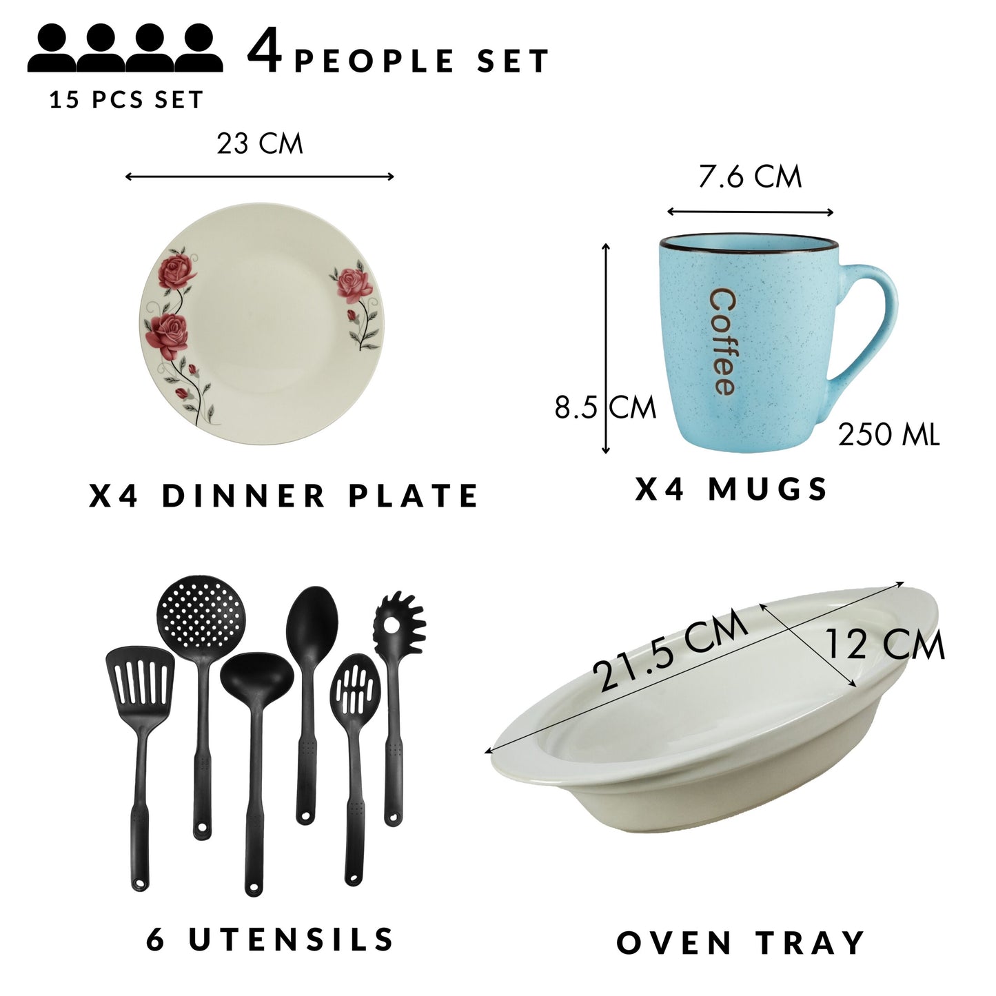 Servicio de mesa, 4 personas, 15 piezas, taza azul, plato extendido, bandeja resistente al calor, utensilios de cocina, Porcelana decorada con una rosa rosa