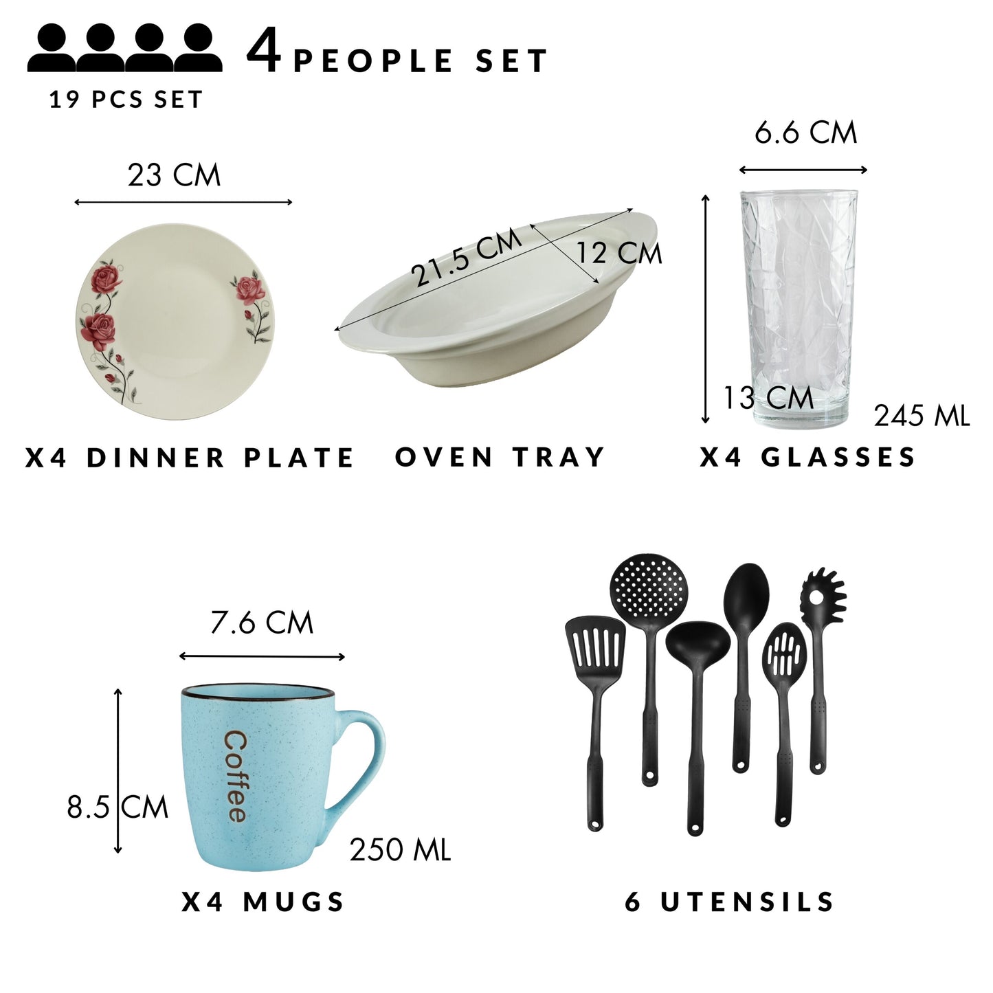 Servicio de mesa, 4 personas, 19 piezas, taza azul, plato extendido, bandeja termo, utensilios de cocina, vasos de cristal, porcelana decorada con rosas rosas