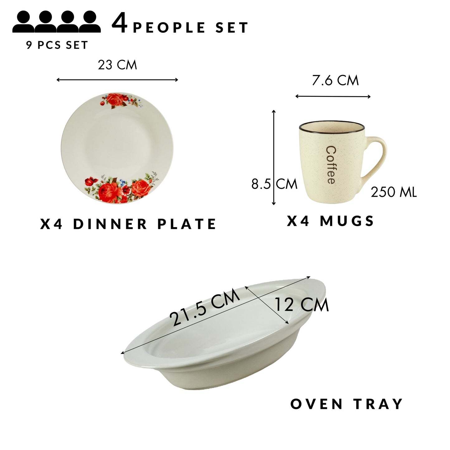 Servicio de mesa, 4 personas, 9 piezas, taza para crema, plato extendido, bandeja resistente al calor, Porcelana decorada con rosas rojas