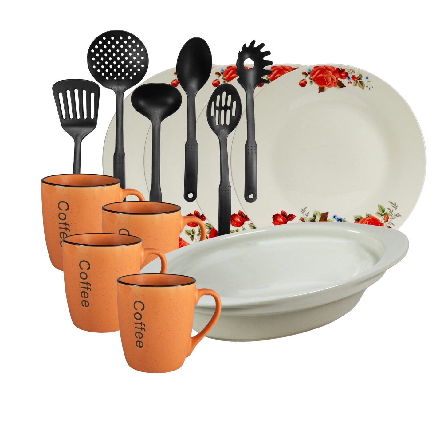 Set tavola, 4 persone, 15 pezzi, tazza arancione, piatto lungo, vassoio resistente al calore, utensili da cucina, Porcellana decorata con rose rosse