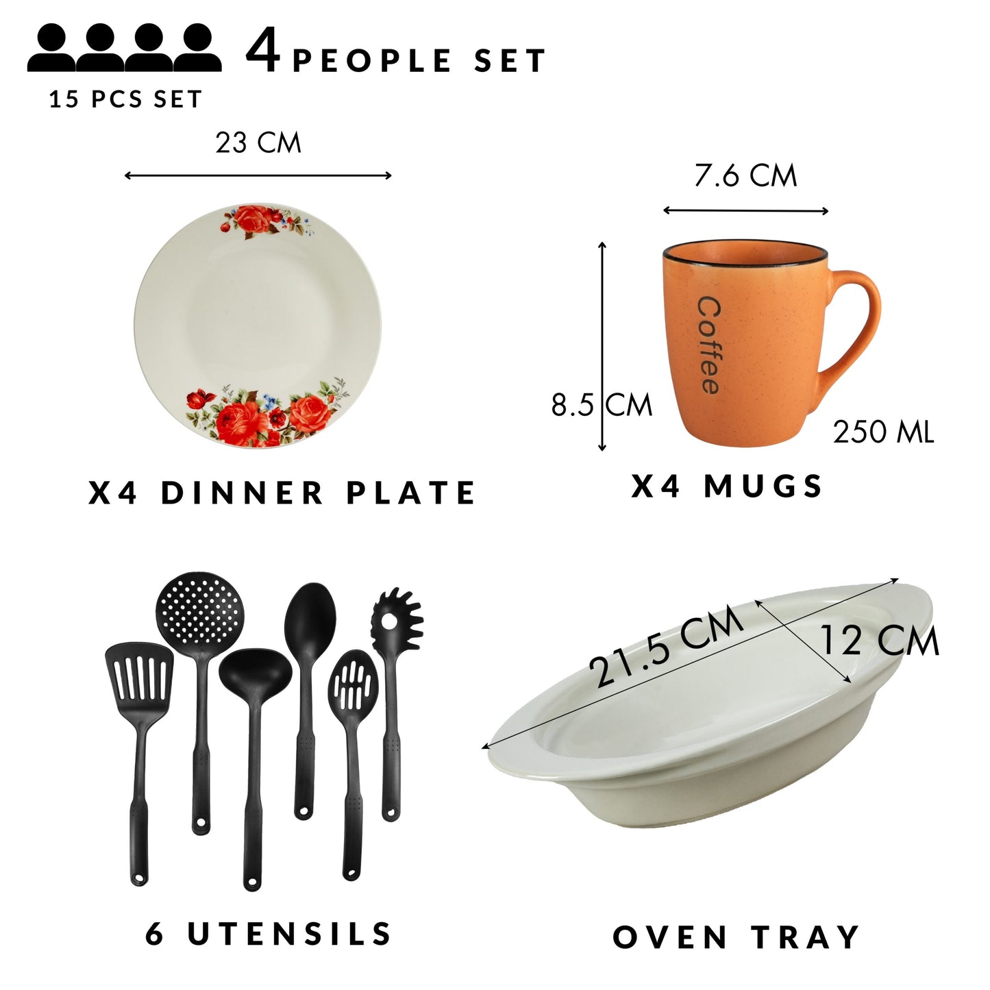 Set tavola, 4 persone, 15 pezzi, tazza arancione, piatto lungo, vassoio resistente al calore, utensili da cucina, Porcellana decorata con rose rosse