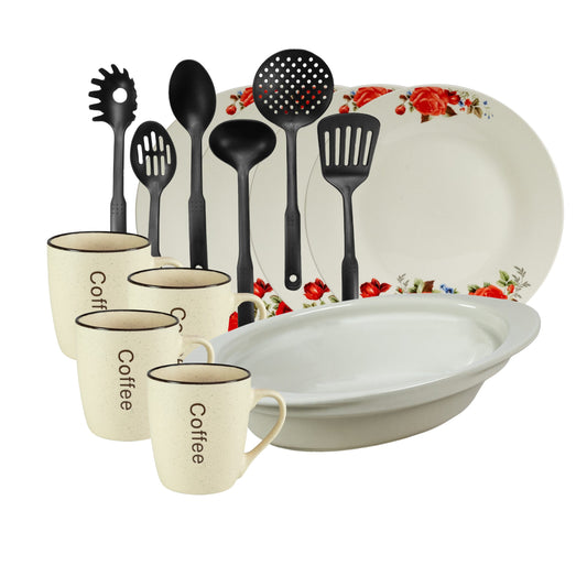 Servicio de mesa, 4 personas, 15 piezas, taza de crema, plato extendido, bandeja resistente al calor, utensilios de cocina, Porcelana decorada con rosas rojas