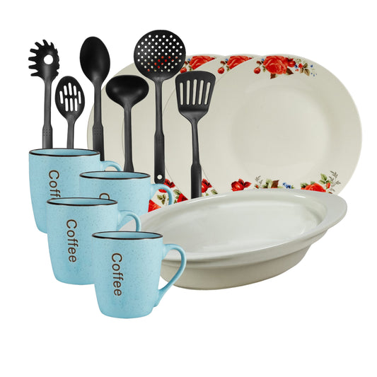 Servicio de mesa, 4 personas, 15 piezas, taza azul, plato extendido, bandeja resistente al calor, utensilios de cocina, porcelana decorada con rosa roja