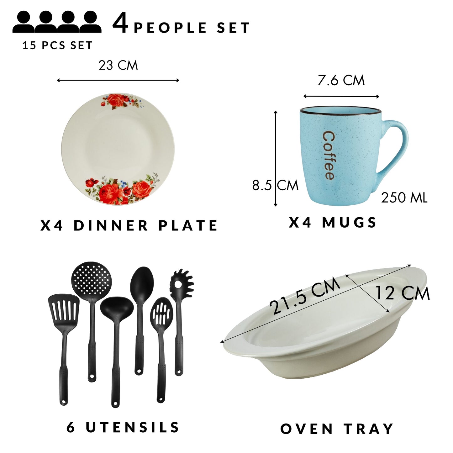 Table service, 4 people, 15 pieces, blue mug, extended plate, heat-resistant tray, kitchen utensils, Porcelain decorated with red rose