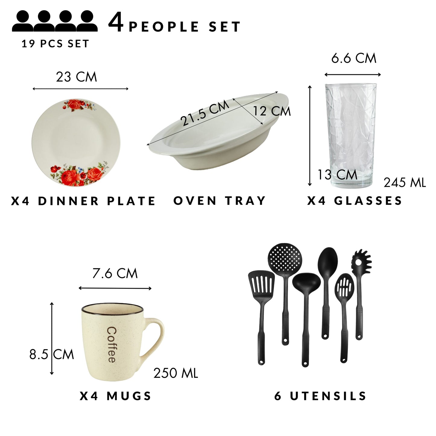 Servicio de mesa, 4 personas, 19 piezas, taza de crema, plato extendido, bandeja termo, utensilios de cocina, vasos de cristal, porcelana decorada con rosas rojas.