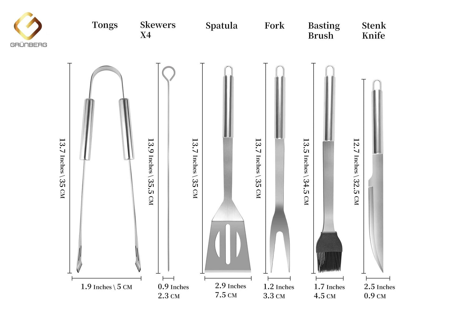 Комплект прибори за барбекю от неръждаема стомана, 9 части, Grunberg UG9PS