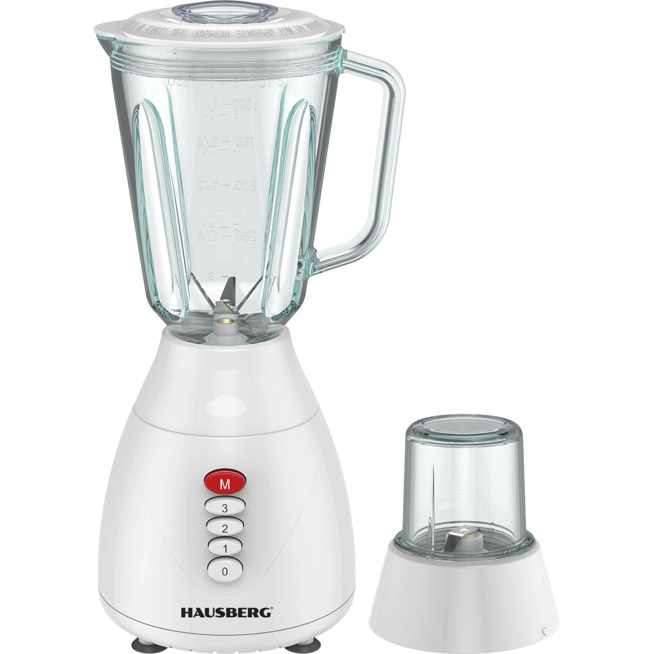 Turmixgép Hausberg HB-7760AB, 300 W, 1,5 liter, 3 sebesség, impulzus funkció, jégtörő, 4 kivehető penge, fehér