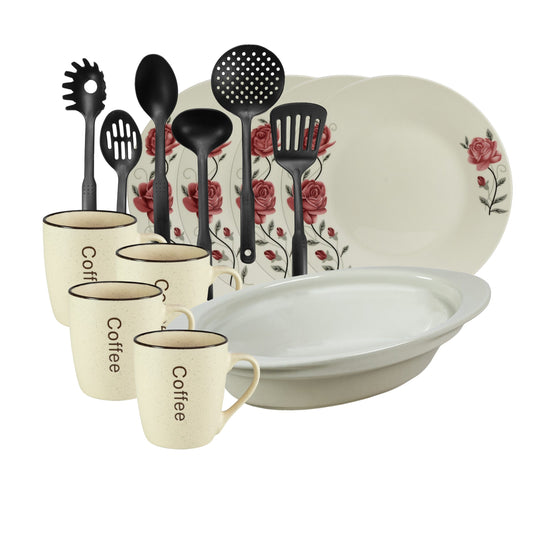 Servicio de mesa, 4 personas, 15 piezas, taza crema, plato extendido, bandeja resistente al calor, utensilios de cocina, Porcelana decorada con rosas rosas