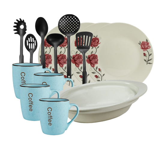 Servicio de mesa, 4 personas, 15 piezas, taza azul, plato extendido, bandeja resistente al calor, utensilios de cocina, Porcelana decorada con una rosa rosa