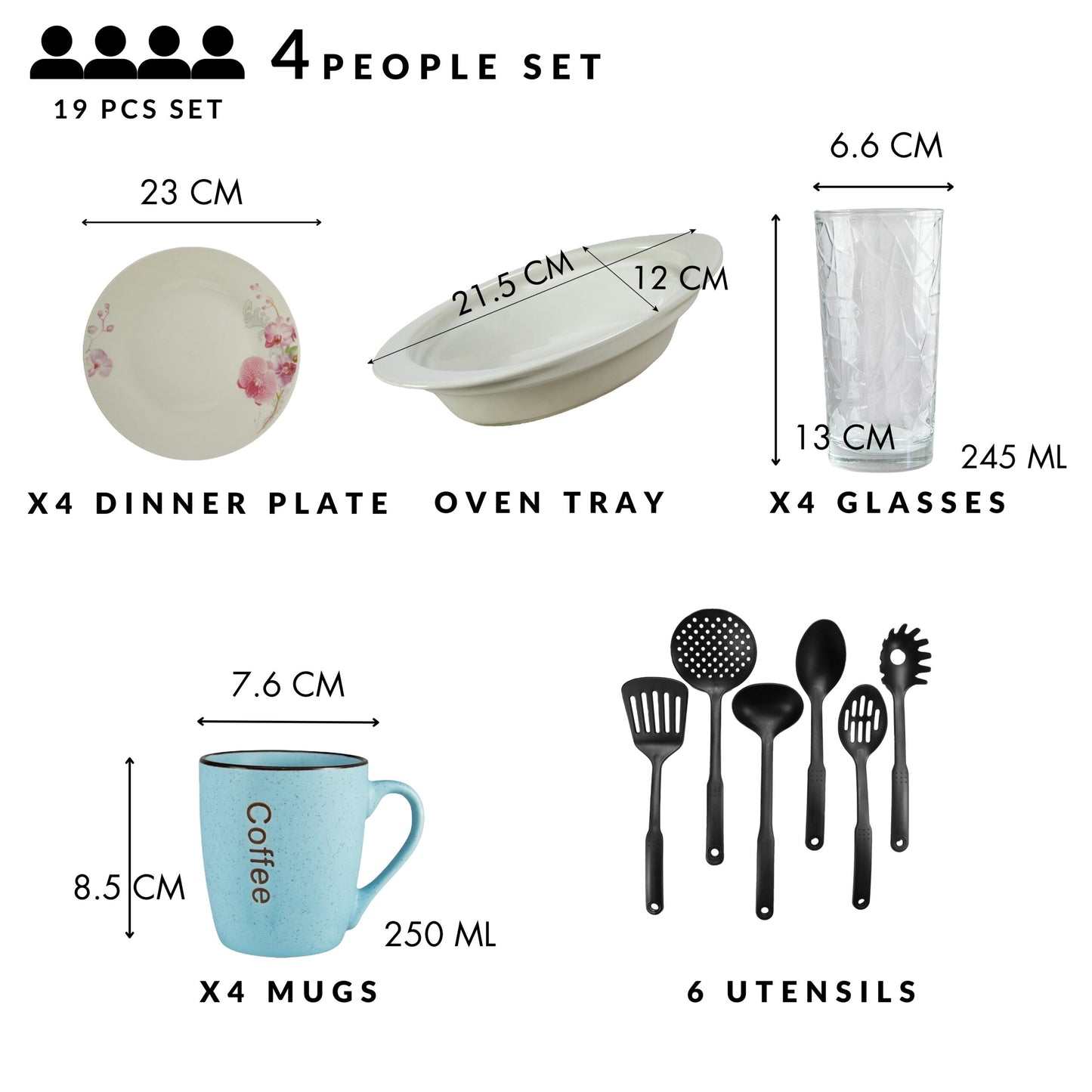 Servicio de mesa, 4 personas, 19 piezas, taza azul, plato extendido, bandeja termo, utensilios de cocina, vasos de cristal, Porcelana decorada con Orquídeas