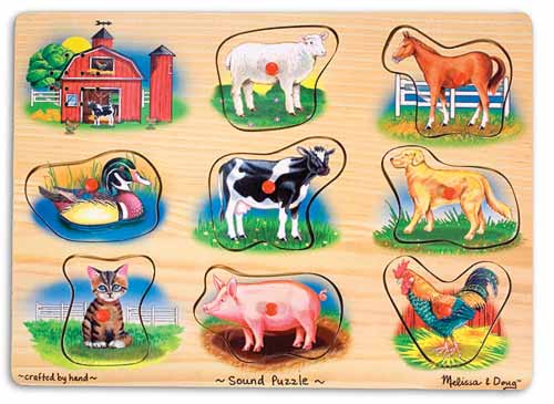 Holzpuzzle mit Geräuschen. Tiere von der Melissa and Doug Farm