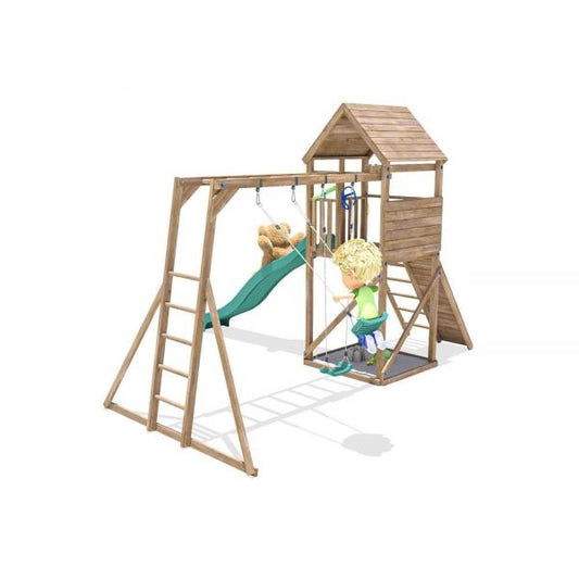 Complejo de juegos FrontierFort Max con Monkey Bars y 2 columpios, tobogán verde de 2,9 m, Dunster House