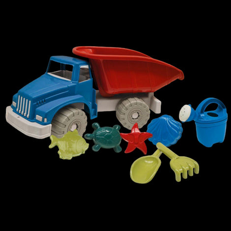 Set of water and sand toys with tipper, sprinklers, shapes and Recycled tools