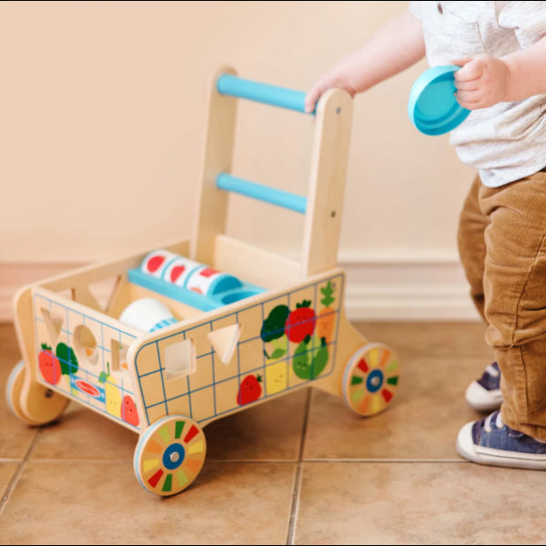 Wooden stroller with set of educational toys