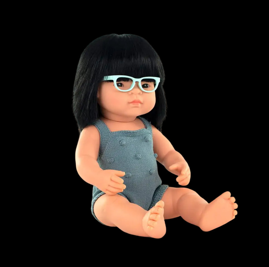 Doll 38 cm, Asian girl wearing glasses, dressed in knitted overalls