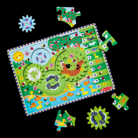 Wooden puzzle with cogwheels for learning to count by playing Happy Animals