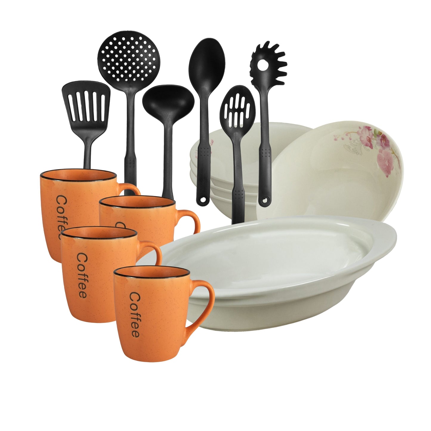 Table set, 4 people, 15 pieces, orange mug, bowl, heat-resistant tray, kitchen utensils, Porcelain decorated with Orchids