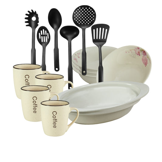 Servicio de mesa, 4 personas, 15 piezas, taza de crema, bol, bandeja resistente al calor, utensilios de cocina, Porcelana decorada con Orquídeas