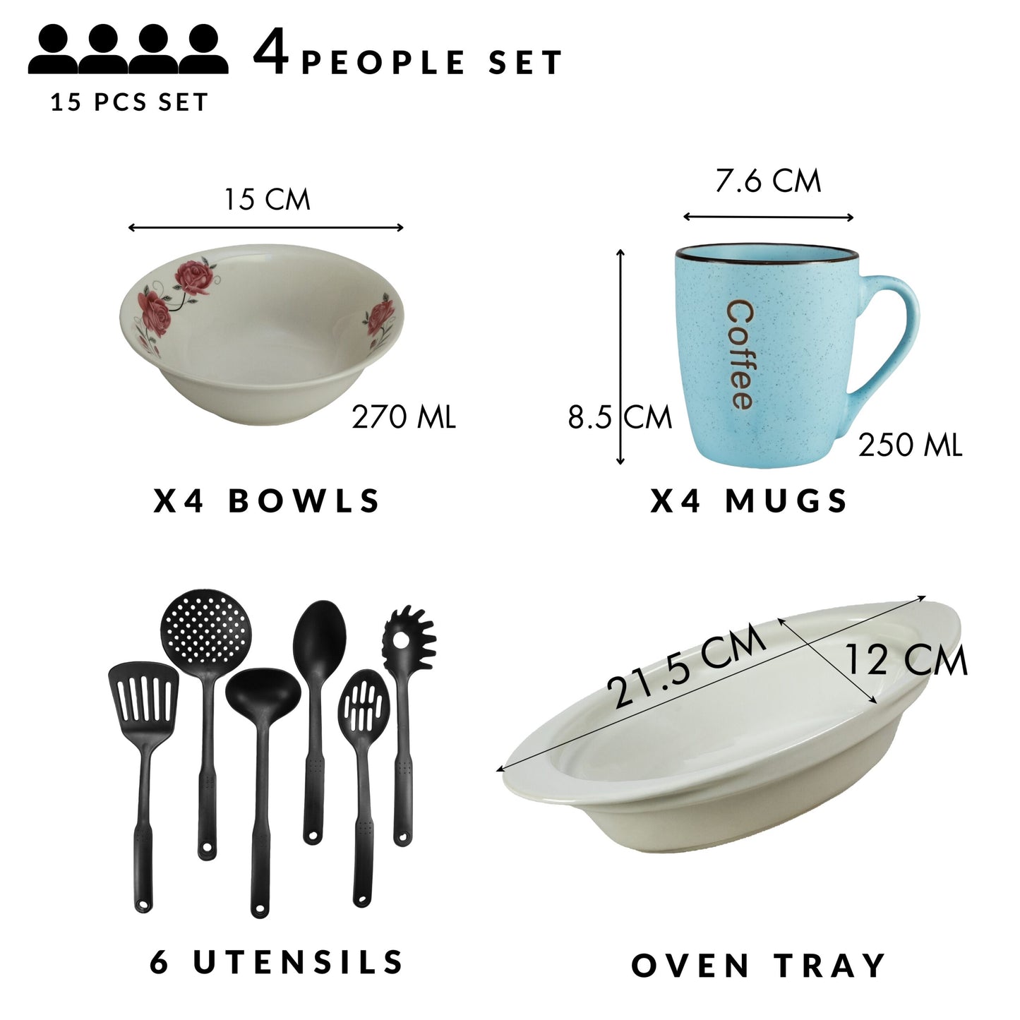 Table service, 4 people, 15 pieces, blue mug, bowl, heat-resistant tray, kitchen utensils, Porcelain decorated with orchids