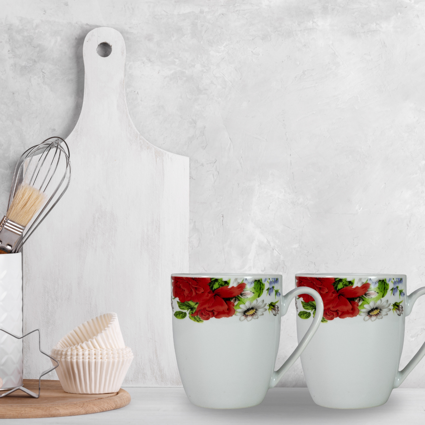 Elegant Set of 6 Coffee Mugs with Red Floral Motifs in Porcelain