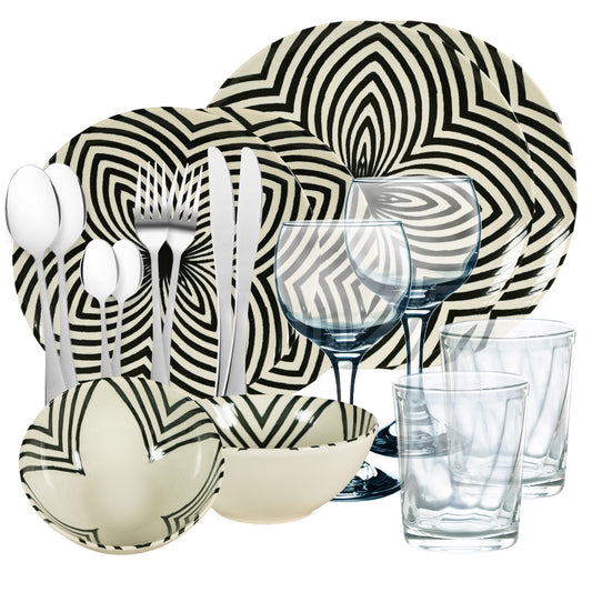 Table set, 18 pieces, for 2 people, Hypnosis, Cesiro, Ivory white with black stripes