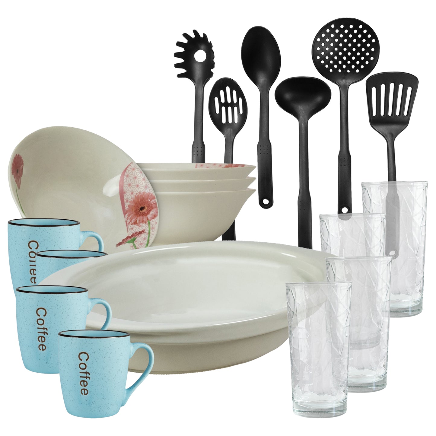 Servicio de mesa, 4 personas, 19 piezas, taza azul, bol, bandeja termo, utensilios de cocina, vasos de cristal, porcelana decorada con Margaret