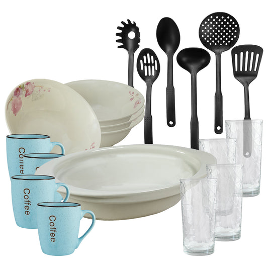 Servicio de mesa, 4 personas, 19 piezas, taza azul, bol, bandeja termo, utensilios de cocina, vasos de cristal, Porcelana decorada con Orquídeas