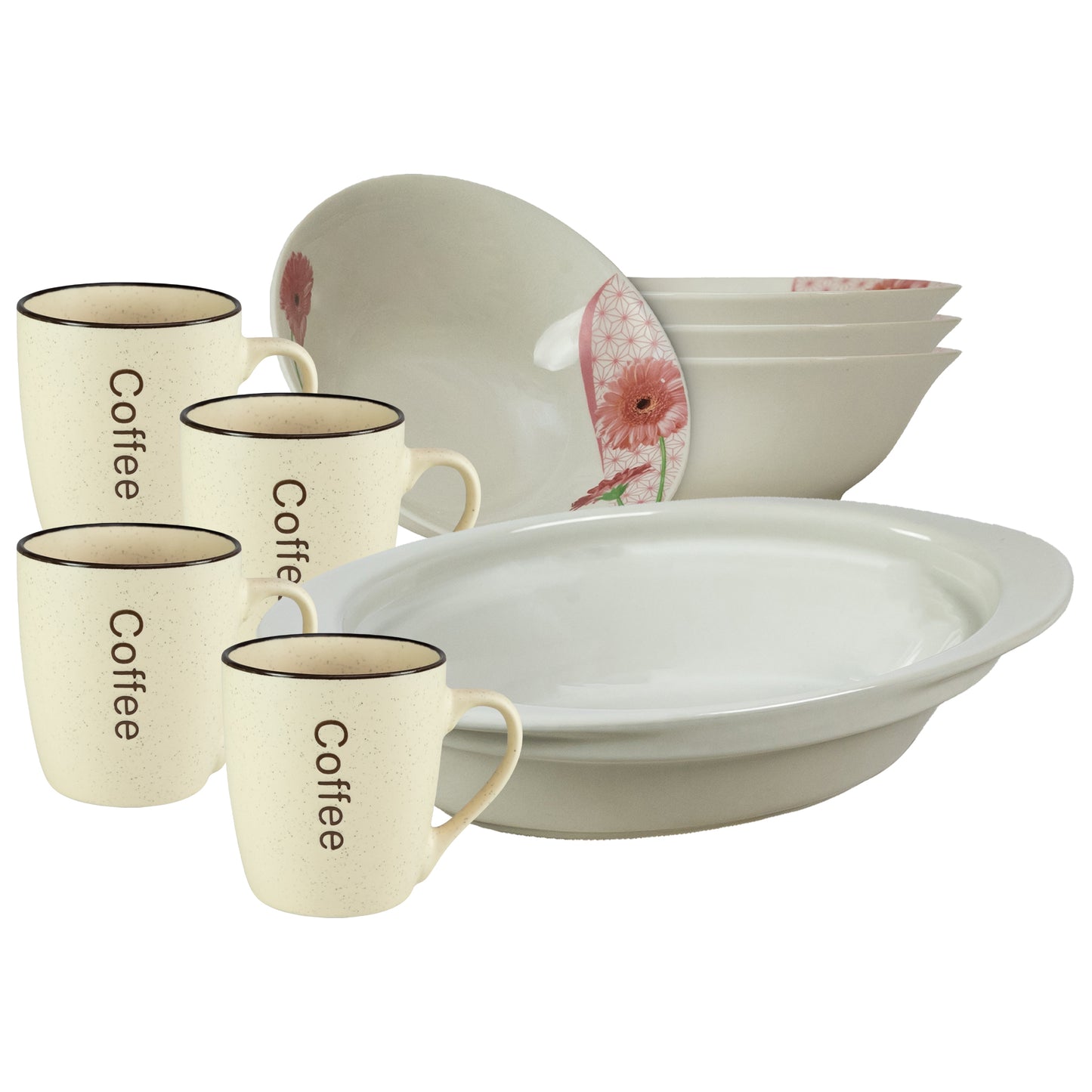 Table service, 4 people, 9 pieces, cream cup, bowl, heat-resistant tray, Cesiro, Porcelain decorated with Margaret