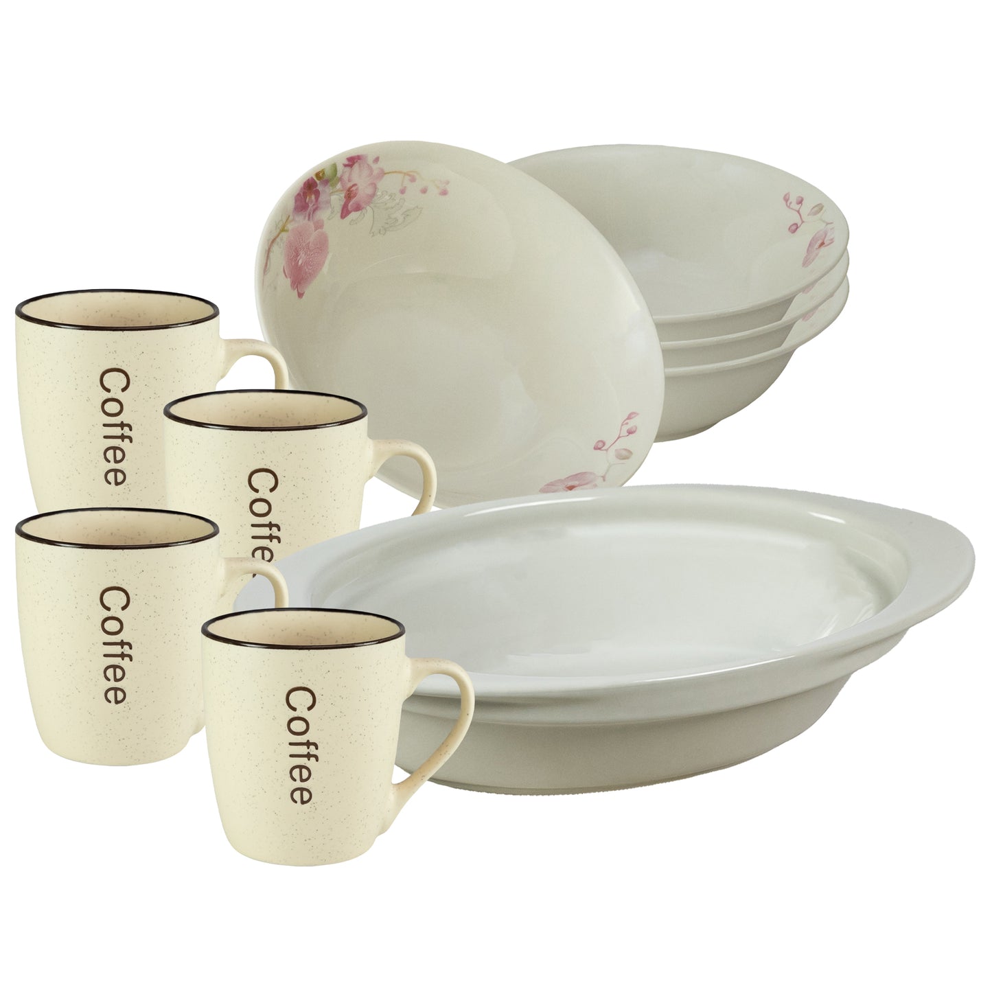 Table service, 4 people, 9 pieces, cream cup, bowl, heat-resistant tray, Porcelain decorated with Orchids