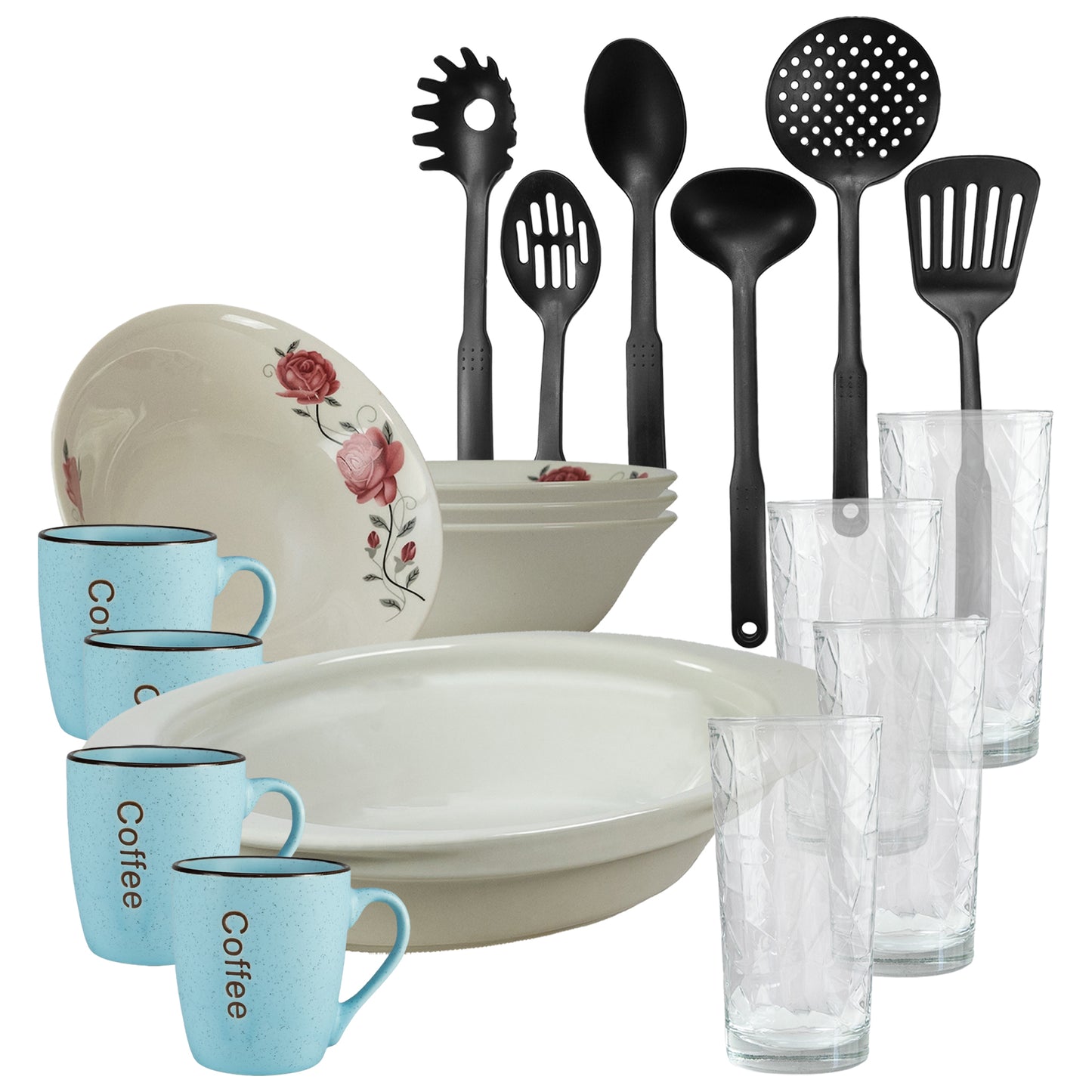 Servicio de mesa, 4 personas, 19 piezas, taza azul, bol, bandeja termo, utensilios de cocina, vasos de cristal, porcelana decorada con rosas rosas