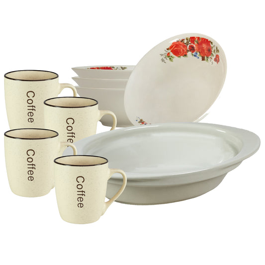 Servicio de mesa, 4 personas, 9 piezas, taza de crema, bol, bandeja resistente al calor, Porcelana decorada con rosas rojas