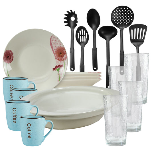 Servicio de mesa, 4 personas, 19 piezas, taza azul, plato hondo, bandeja termo, utensilios de cocina, vasos de cristal, Porcelana decorada con Margaret