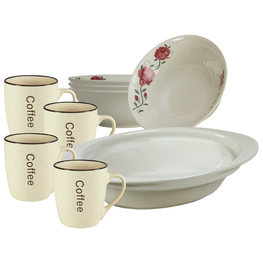 Servicio de mesa, 4 personas, 9 piezas, taza de crema, bol, bandeja resistente al calor, Porcelana decorada con rosas rosas