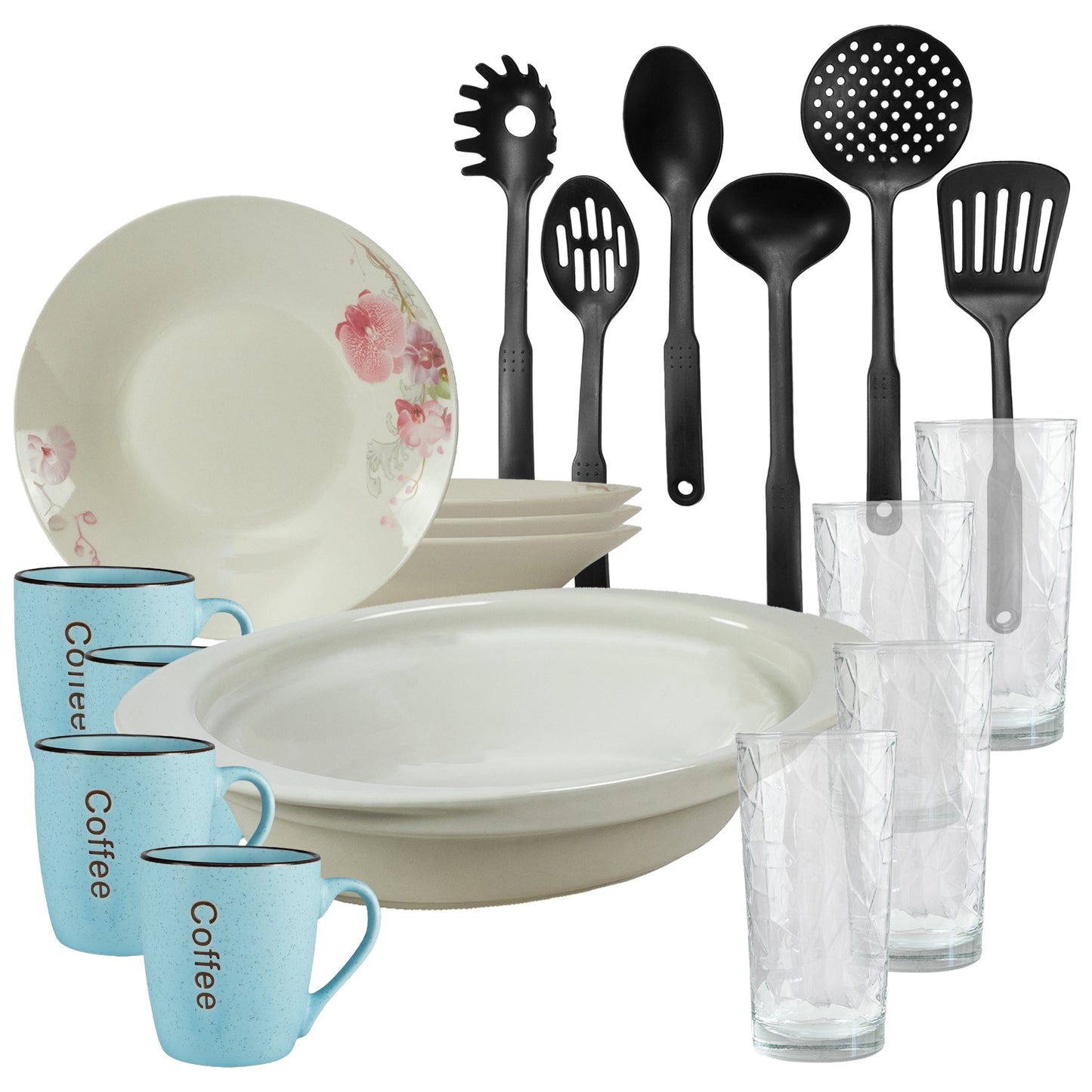 Servicio de mesa, 4 personas, 19 piezas, taza azul, plato hondo, bandeja termo, utensilios de cocina, vasos de cristal, Porcelana decorada con Orquídeas