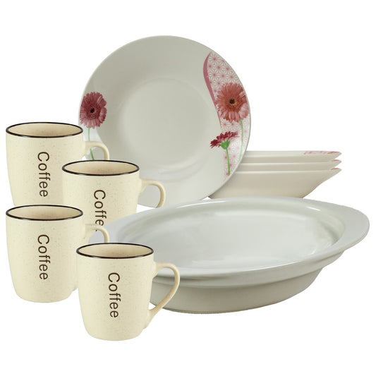 Servicio de mesa, 4 personas, 9 piezas, taza para crema, plato hondo, bandeja resistente al calor, Porcelana decorada con Margaret