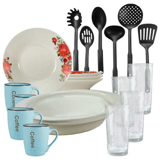 Servicio de mesa, 4 personas, 19 piezas, taza azul, plato hondo, bandeja termo, utensilios de cocina, vasos de cristal, porcelana decorada con rosas rojas.