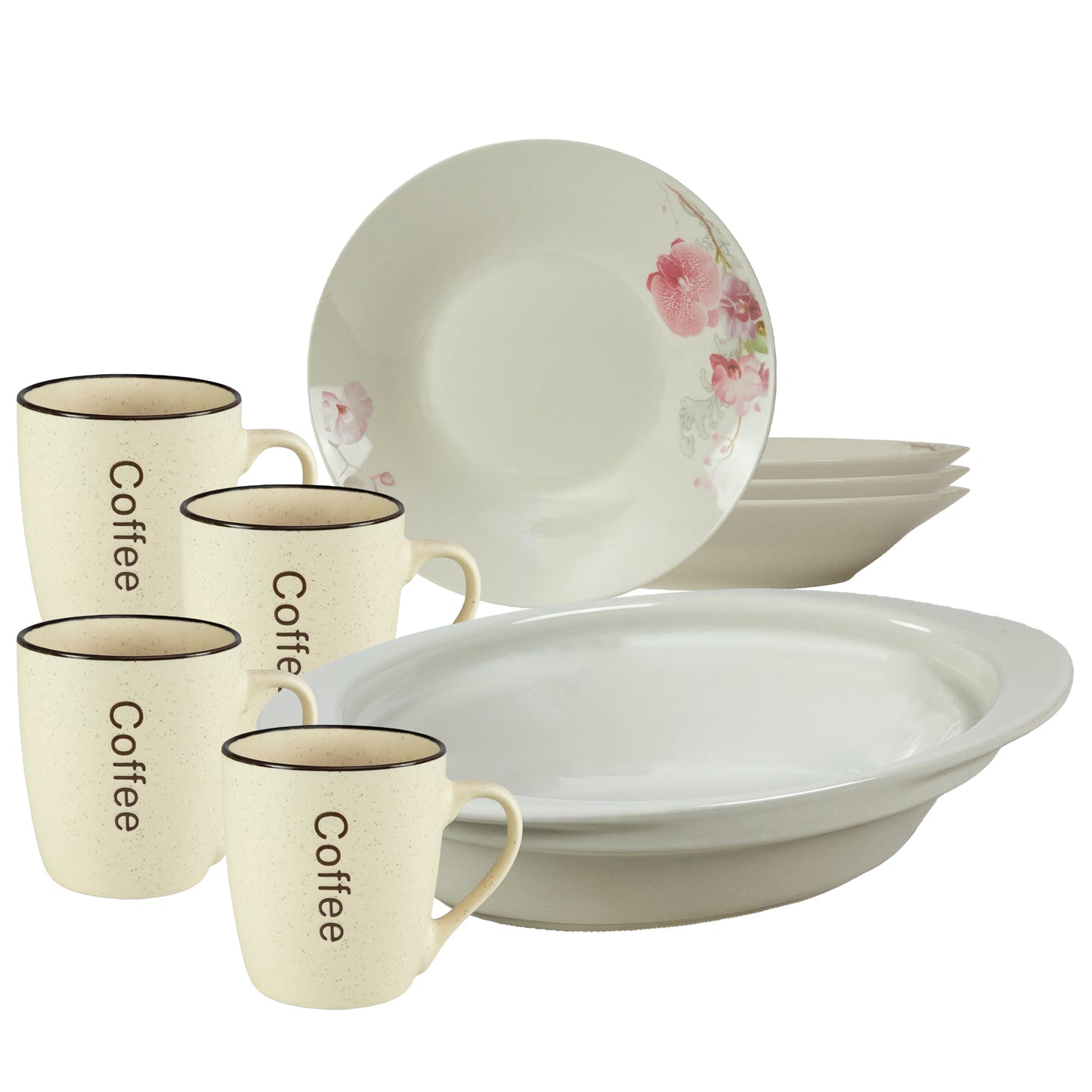 Table service, 4 people, 9 pieces, cream cup, deep plate, heat-resistant tray, Porcelain decorated with Orchids